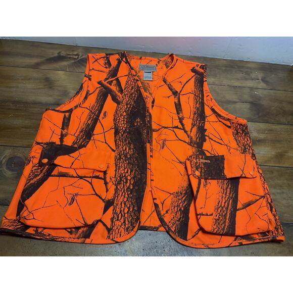 Vintage LL Bean Real Tree Men Vest Large R Orange Camo Hunt Pockets - Picture 1 of 13